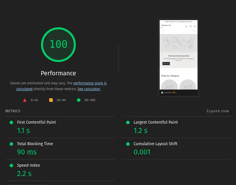 Shopify Theme Expanse LightHouse Score Report