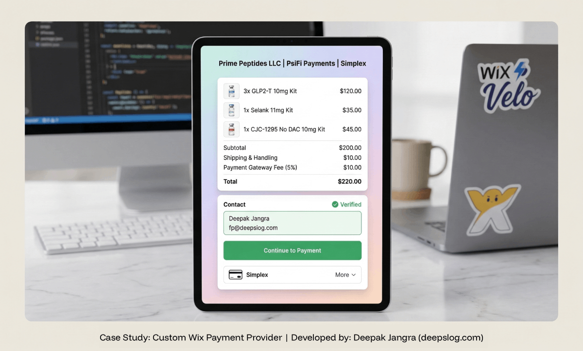 Prime Peptides / PsiFi Integration — Wix Velo, Node.js, REST API, HMAC Security case study by Deepak Jangra
