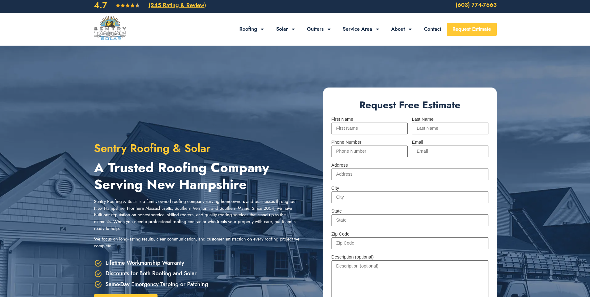 Sentry Roofing NH — WordPress, Divi, WP Forms case study by Deepak Jangra